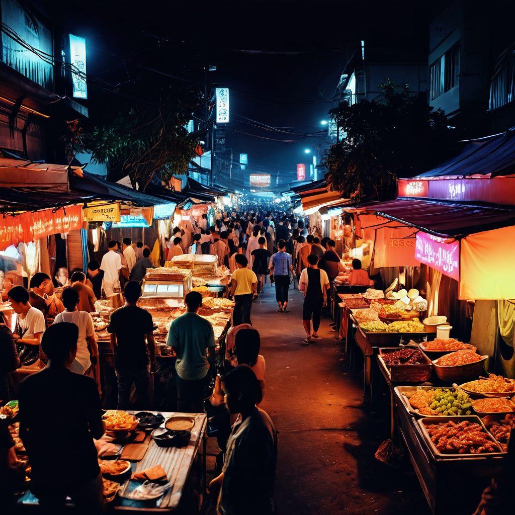 A bustling night market scene in Indonesia, showcasing vibrant neon lights and diverse crowds, with subtle elements symbolizing the sex entertainment industry, such as discreet signage and silhouettes in the background. Capturing the blend of culture and modernity, the atmosphere exudes both allure and controversy. Incorporate street vendors, traditional Indonesian architecture, and glimpses of nightlife. super-realistic. vibrant colors. dynamic composition.