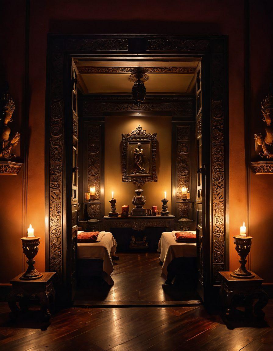A mysterious, shadowy room with ornate Indonesian decor, featuring partially open doors revealing a glimpse of sensual artwork and traditional textiles. Dark, inviting colors contrast with soft candlelight illuminating subtle erotic sculptures. Ethereal silhouettes of couples in intimate poses blur in the background, symbolizing the evolution of erotic expression. Create an atmosphere of intrigue and allure. super-realistic. rich colors. dramatic lighting.