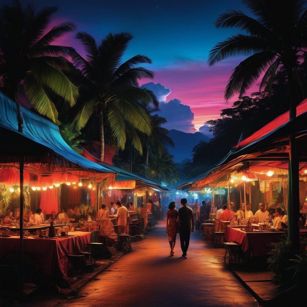 An artful collage depicting the vibrant nightlife of Indonesia with a mix of traditional and modern elements. Incorporate silhouettes of couples enjoying intimate moments against a backdrop of tropical landscapes, colorful street markets, and neon-lit bars. The scene should evoke a sense of adventure and allure, with a focus on the cultural richness and sensuality of Indonesian media. Use warm, bold colors to create an inviting atmosphere. surrealistic. vivid colors. tropical theme.